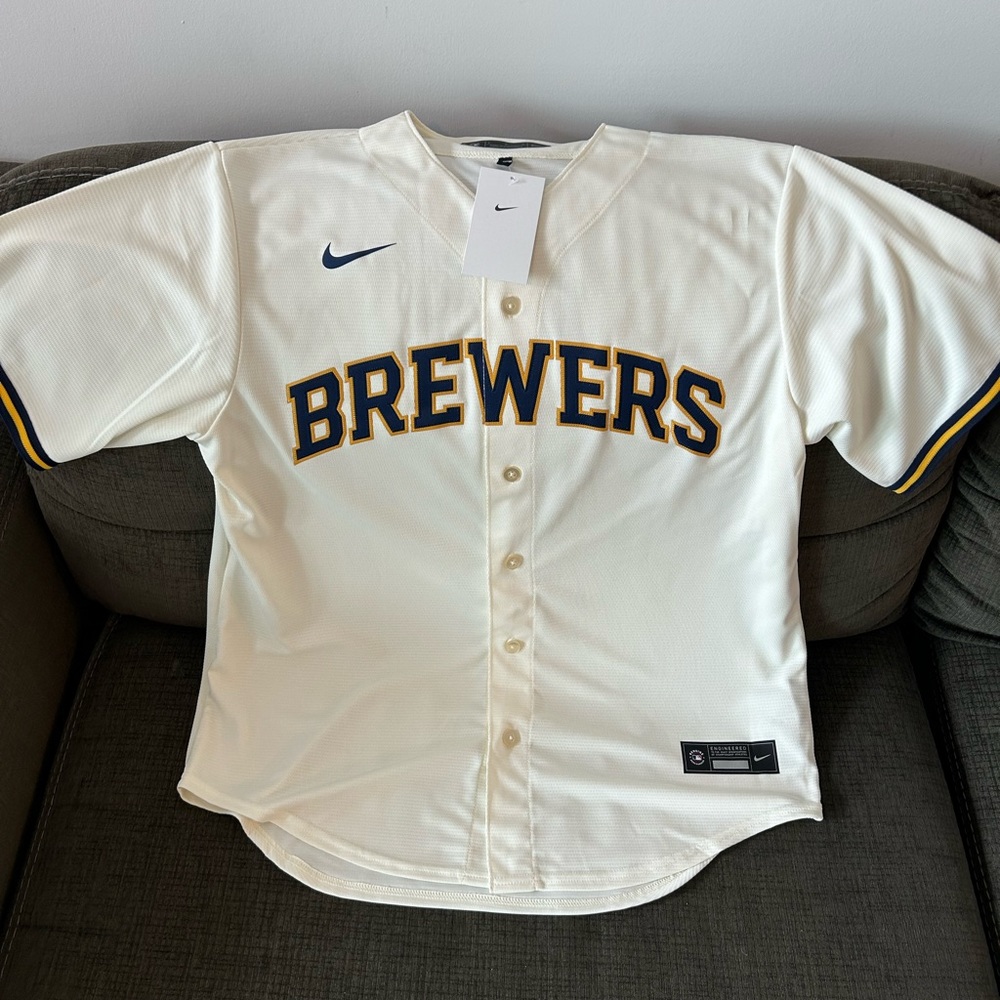 Nike Milwaukee Brewers Baseball MLB Cream Jersey Men’s Size: Large - Picture 2 of 6